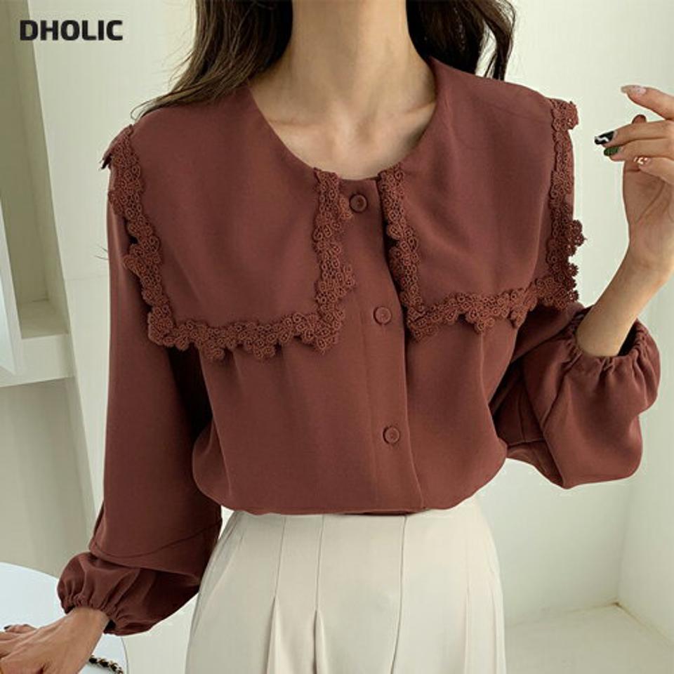 レースカラーパフスリーブブラウス・全3色・b65624 レディース 【bl】韓国ファッション トップス ブラウス 長袖 カラーネック レースカラー パフスリーブ ワイド 大人 上品 無地 ベーシック シンプル フェミニン 体型カバー ガーリー 秋 春