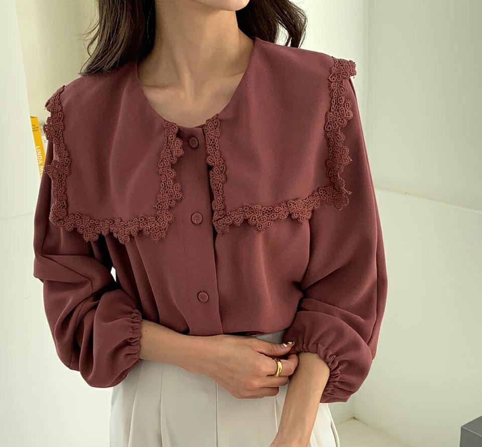 レースカラーパフスリーブブラウス・全3色・b65624 レディース 【bl】韓国ファッション トップス ブラウス 長袖 カラーネック レースカラー パフスリーブ ワイド 大人 上品 無地 ベーシック シンプル フェミニン 体型カバー ガーリー 秋 春