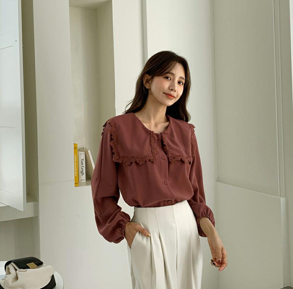 レースカラーパフスリーブブラウス・全3色・b65624 レディース 【bl】韓国ファッション トップス ブラウス 長袖 カラーネック レースカラー パフスリーブ ワイド 大人 上品 無地 ベーシック シンプル フェミニン 体型カバー ガーリー 秋 春