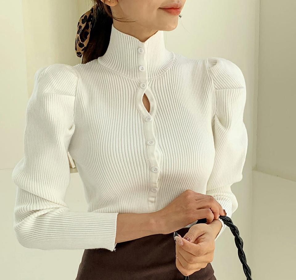 【只今10%OFF】リブハイネックパフニット・全3色・t65622 レディース 【tops】韓国ファッション トップス ニット 大人 長袖 ハイネック リブ 大人 ボタン 無地 ポロ襟 ベーシック シンプル カジュアル 体型カバー ルーズ フェミニン 上品 秋 冬【ニットセール】