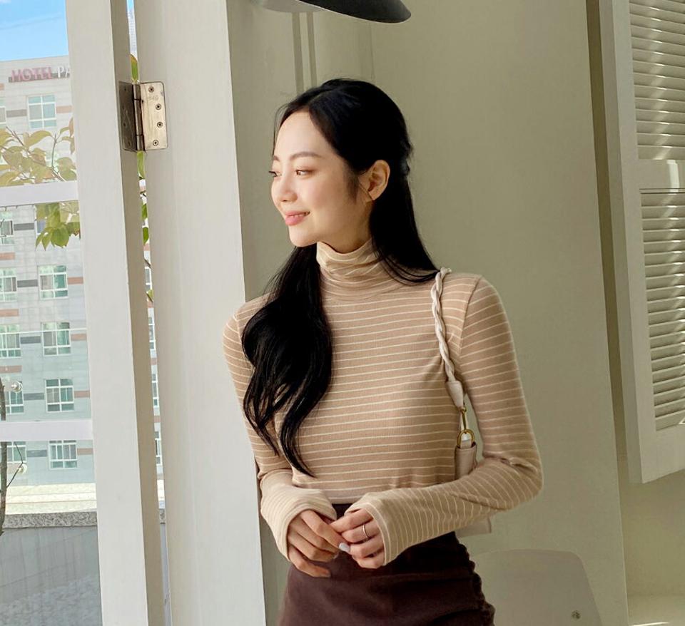 タートルネックボーダーTシャツ・全5色・t65620 レディース 【tops】韓国ファッション トップス Tシャツ 大人 長袖 タートルネック ボーダー シンプル カジュアル スリム 体型カバー 細身 フェミニン デイリー 上品 秋 冬