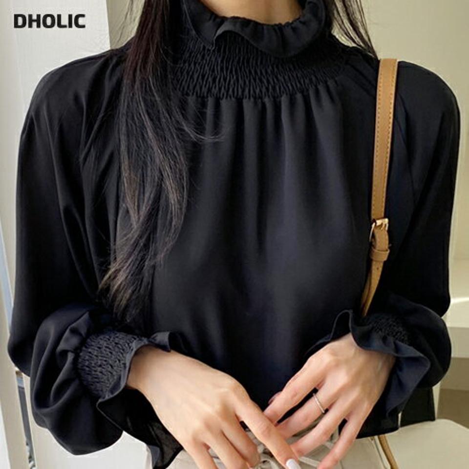 ≪人気商品再入荷≫シャーリングパフブラウス・b65651 レディース 【bl】韓国ファッション トップス ブラウス 長袖 ハイネック シャーリング パフスリーブ ラグラン 大人 上品 無地 ベーシック シンプル デコラティブ フェミニン 体型カバー 秋 春