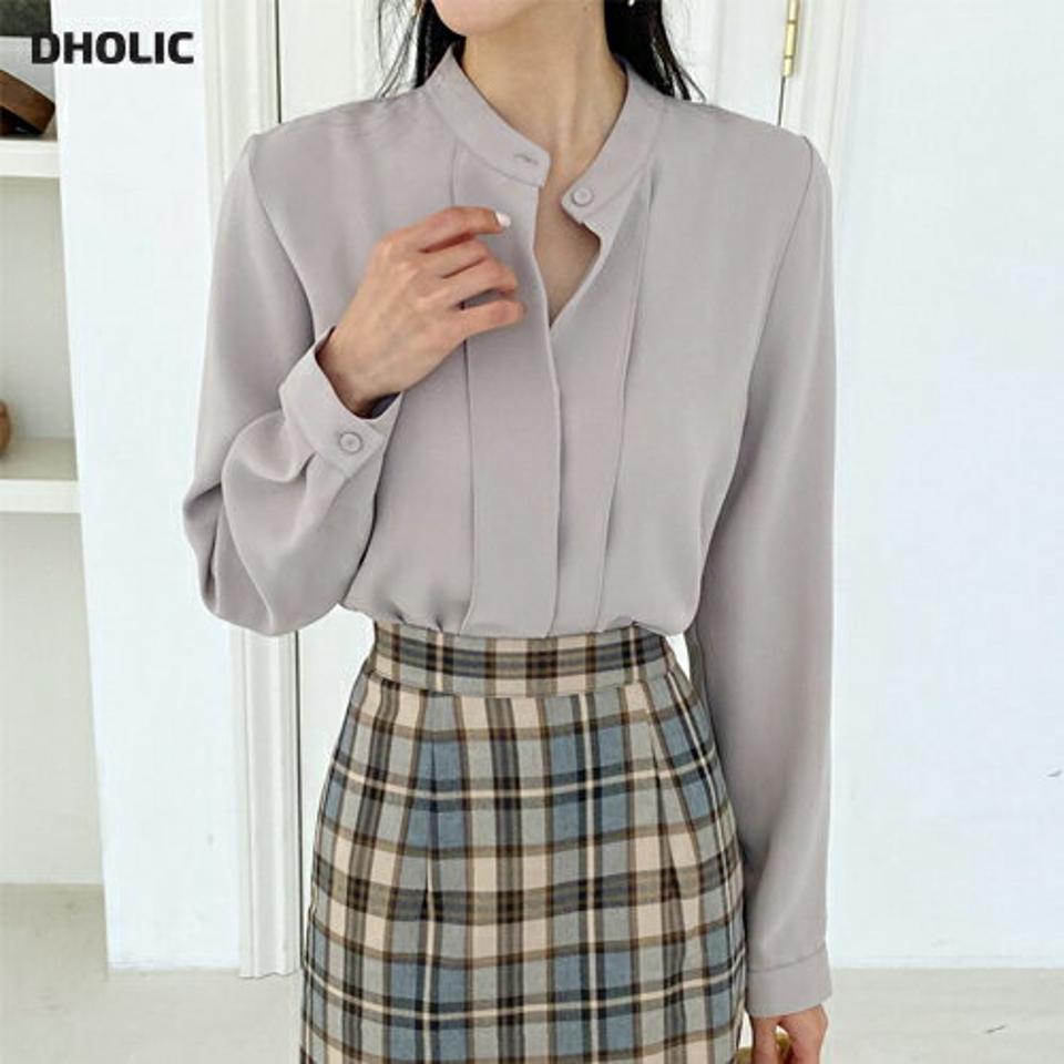 バンドカラーフライフロントブラウス・全3色・t65623 レディース 【bl】韓国ファッション トップス ブラウス 長袖 バンドカラー フライ 大人 上品 ボタン 無地 ベーシック シンプル フェミニン カジュアル 体型カバー ガーリー 秋 春