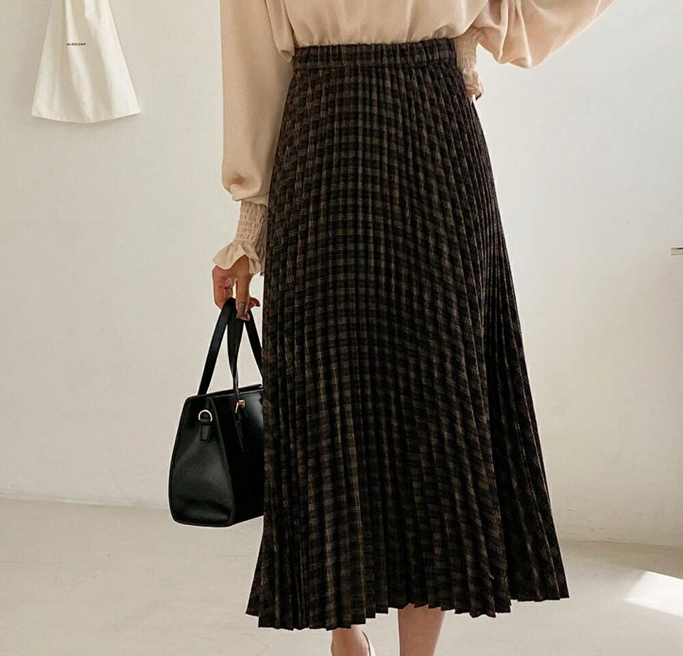 ウール混チェックプリーツスカート・全3色・b65638 レディース 【sk】韓国ファッション ボトムス スカート ロング ロングスカート ウール混 チェック プリーツ ロング丈 ゴム 大人 フェミニン シンプル 細身 足長 体型カバー デイリー 秋 冬