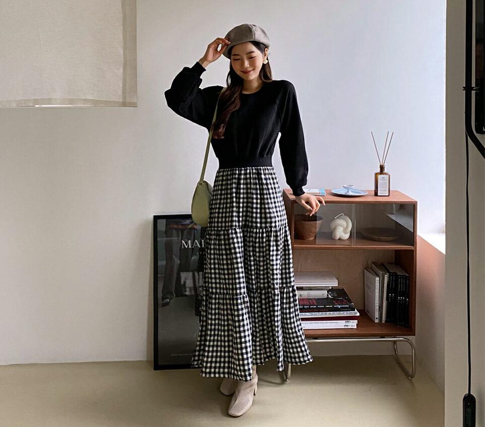 裏起毛チェックティアードワンピース・全2色・b62945 レディース 【ops】韓国 ファッション ワンピース ロング ロングワンピース 長袖 ラウンドネック 裏起毛 チェック ティアード 大人 ロング丈 シンプル フェミニン 体型カバー カジュアル 秋 冬