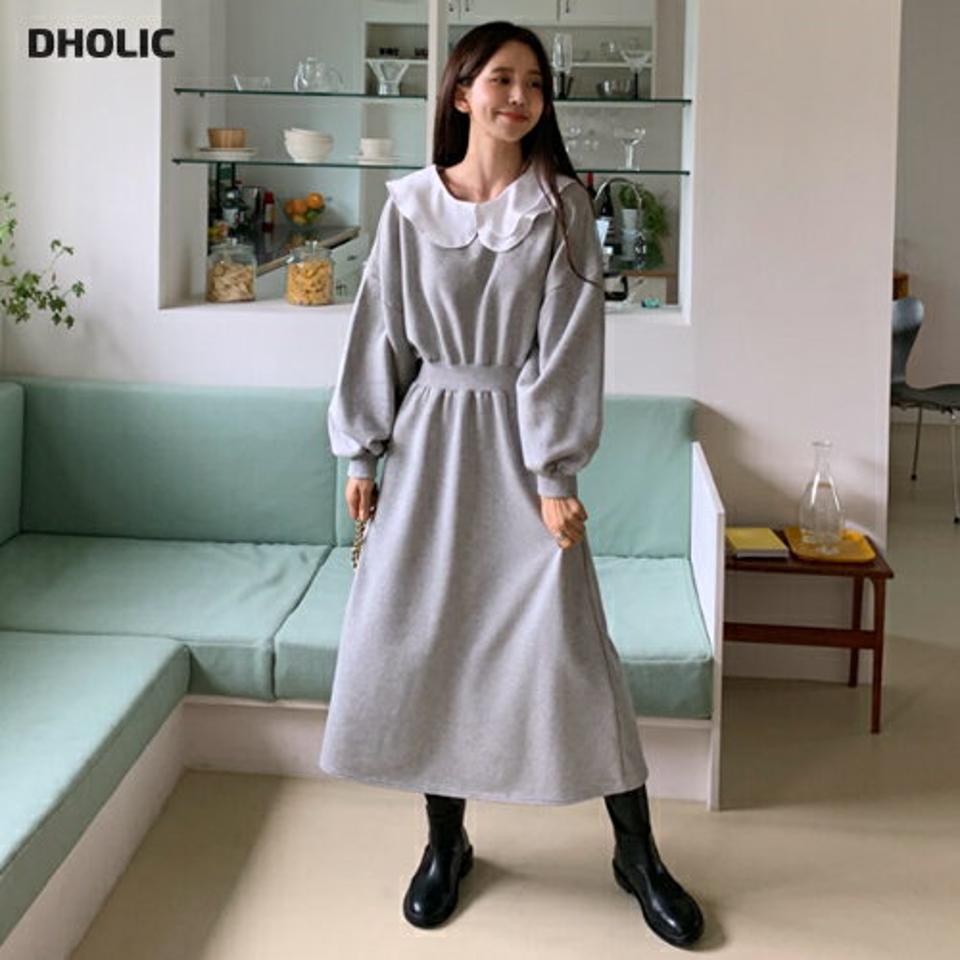 配色ダブルカラーワンピース・全2色・b62943 レディース 【ops】韓国ファッション ワンピース ロング ロングワンピース 長袖 ラウンドネック 配色 ダブルカラー フレア 大人 ロング丈 シンプル ルーズ フェミニン 体型カバー カジュアル 秋 冬
