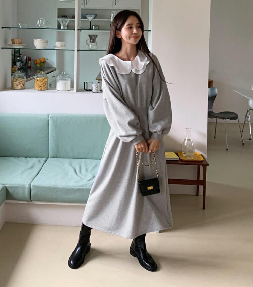 配色ダブルカラーワンピース・全2色・b62943 レディース 【ops】韓国ファッション ワンピース ロング ロングワンピース 長袖 ラウンドネック 配色 ダブルカラー フレア 大人 ロング丈 シンプル ルーズ フェミニン 体型カバー カジュアル 秋 冬