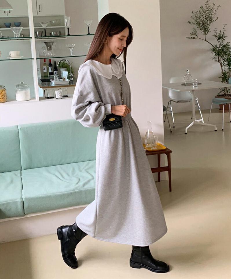 配色ダブルカラーワンピース・全2色・b62943 レディース 【ops】韓国ファッション ワンピース ロング ロングワンピース 長袖 ラウンドネック 配色 ダブルカラー フレア 大人 ロング丈 シンプル ルーズ フェミニン 体型カバー カジュアル 秋 冬