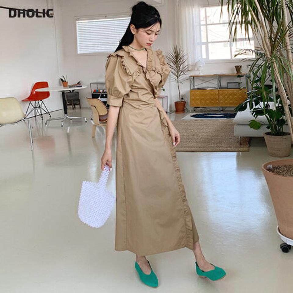 フリルラップワンピース・全2色・t64653 レディース 【ops】韓国 ファッション ワンピース ロング ロングワンピース 半袖 フェミニン ラブリー フリル ラップデザイン パフスリーブ フレア スリム 体型カバー 春 夏 NIJU