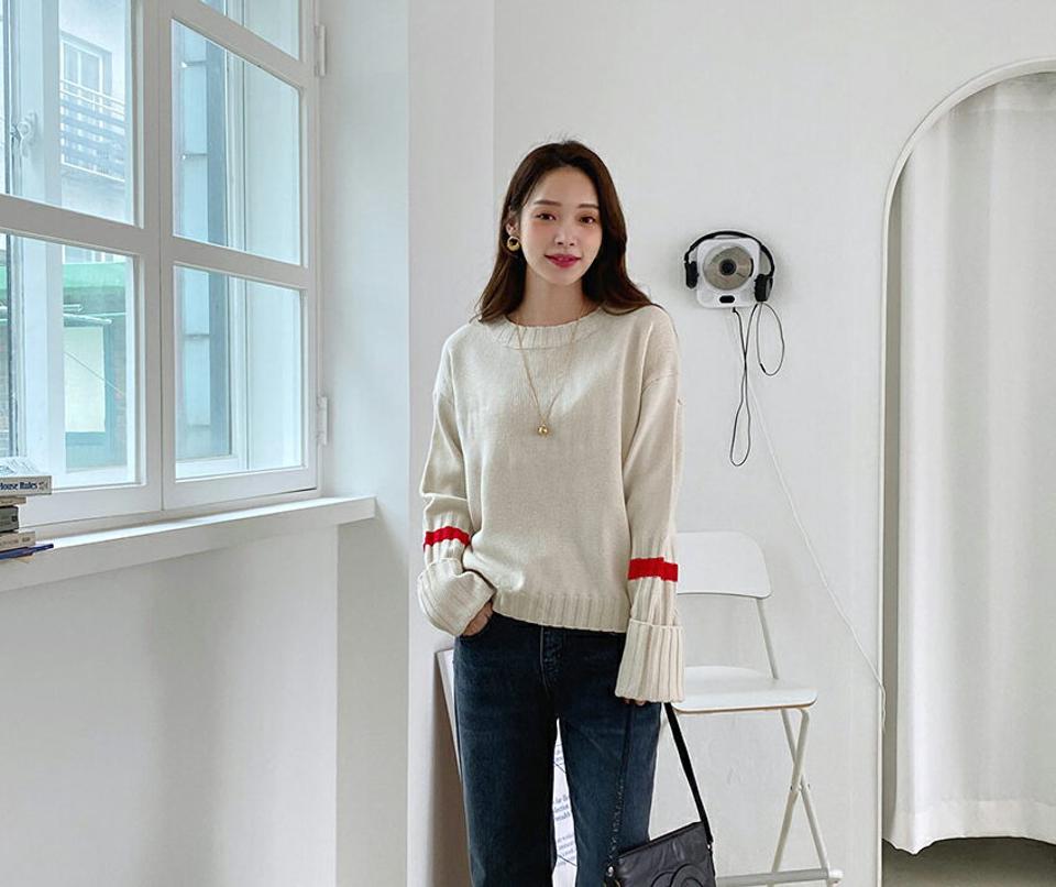 レッド配色ニット・全3色・t70478 レディース 【tops】 トップス ニット 長袖 ラウンドネック 配色 ロールアップ ルーズ ゆったり パターン 上品 スリム あたたかい カジュアル 体型カバー 冬 春 秋 韓国ファッション ハイホリHIHOLLI