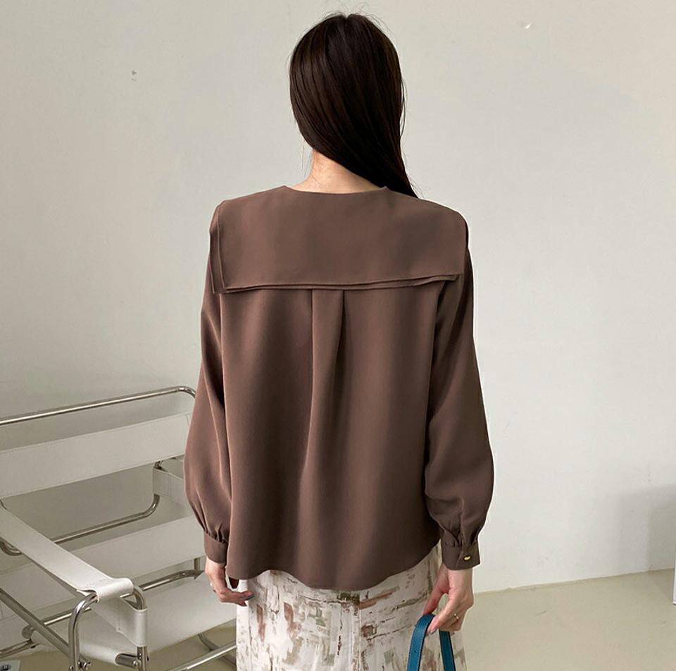 ゴールドハートボタンカラーブラウス・全4色・b70481 レディース 【bl】 トップス ブラウス 長袖 ゴールド ハートボタン セーラーカラーネック ラブリー スリム ガーリー フェミニン カジュアル 春 秋 韓国ファッション ハイホリHIHOLLI