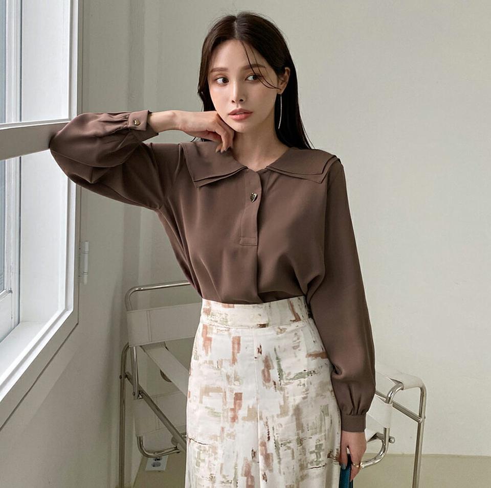 ゴールドハートボタンカラーブラウス・全4色・b70481 レディース 【bl】 トップス ブラウス 長袖 ゴールド ハートボタン セーラーカラーネック ラブリー スリム ガーリー フェミニン カジュアル 春 秋 韓国ファッション ハイホリHIHOLLI