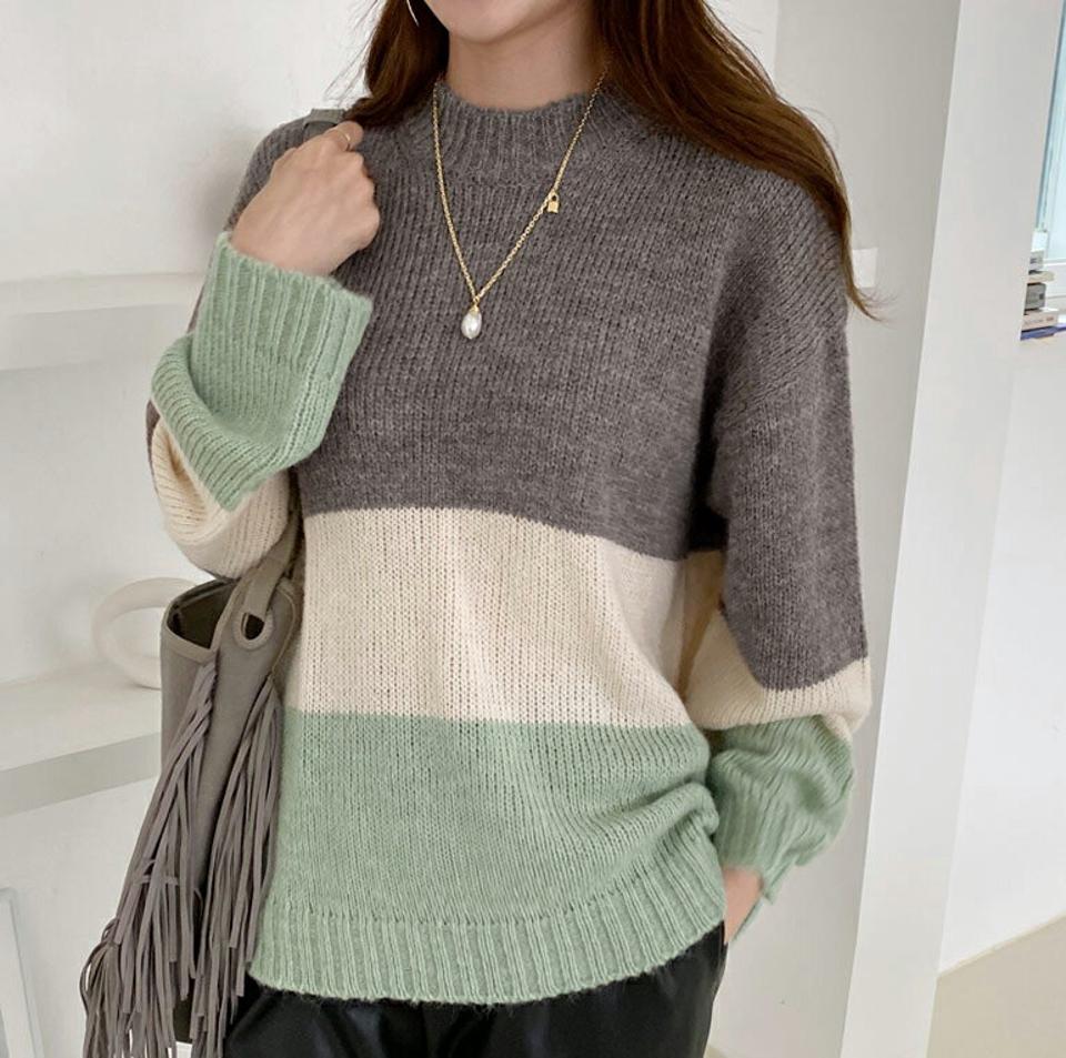 【只今10%OFF】ラウンドスリーカラー配色ニット・全3色・t70484 レディース 【tops】 トップス ニット 長袖 ラウンドネック ウール ルーズ ゆったり パターン 上品 スリム あたたかい カジュアル 体型カバー 冬 春 秋 韓国ファッション ハイホリHIHOLLI【NIT】