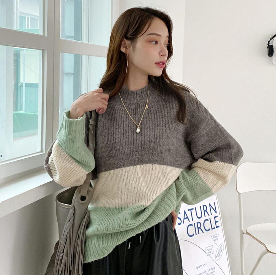 【只今10%OFF】ラウンドスリーカラー配色ニット・全3色・t70484 レディース 【tops】 トップス ニット 長袖 ラウンドネック ウール ルーズ ゆったり パターン 上品 スリム あたたかい カジュアル 体型カバー 冬 春 秋 韓国ファッション ハイホリHIHOLLI【NIT】