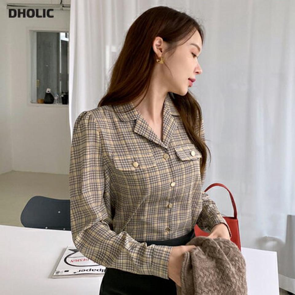 チェックゴールドボタンカラーブラウス・全2色・b70487 レディース 【bl】 トップス ブラウス 長袖 チェック ゴールド ボタン テーラードカラー 大人 スリム ベーシック フェミニン カジュアル フレンチ 春 秋 韓国ファッション ハイホリHIHOLLI