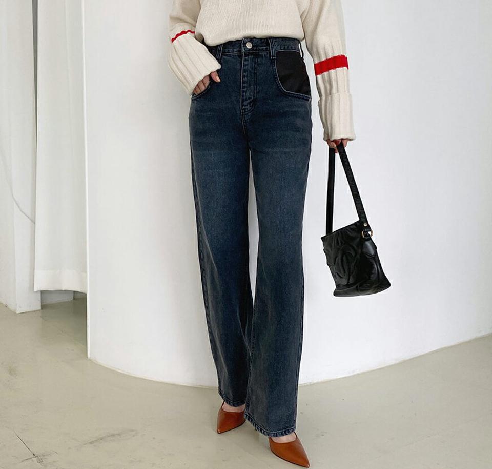 レザー調配色ポケットデニムパンツ・全1色・t70496 レディース 【pt】 ボトムス ロング ロングパンツ レザー調 配色 ポケット デニム ワイド ストレート ベーシック 着痩せ 長足 春 秋 韓国ファッション ハイホリHIHOLLI