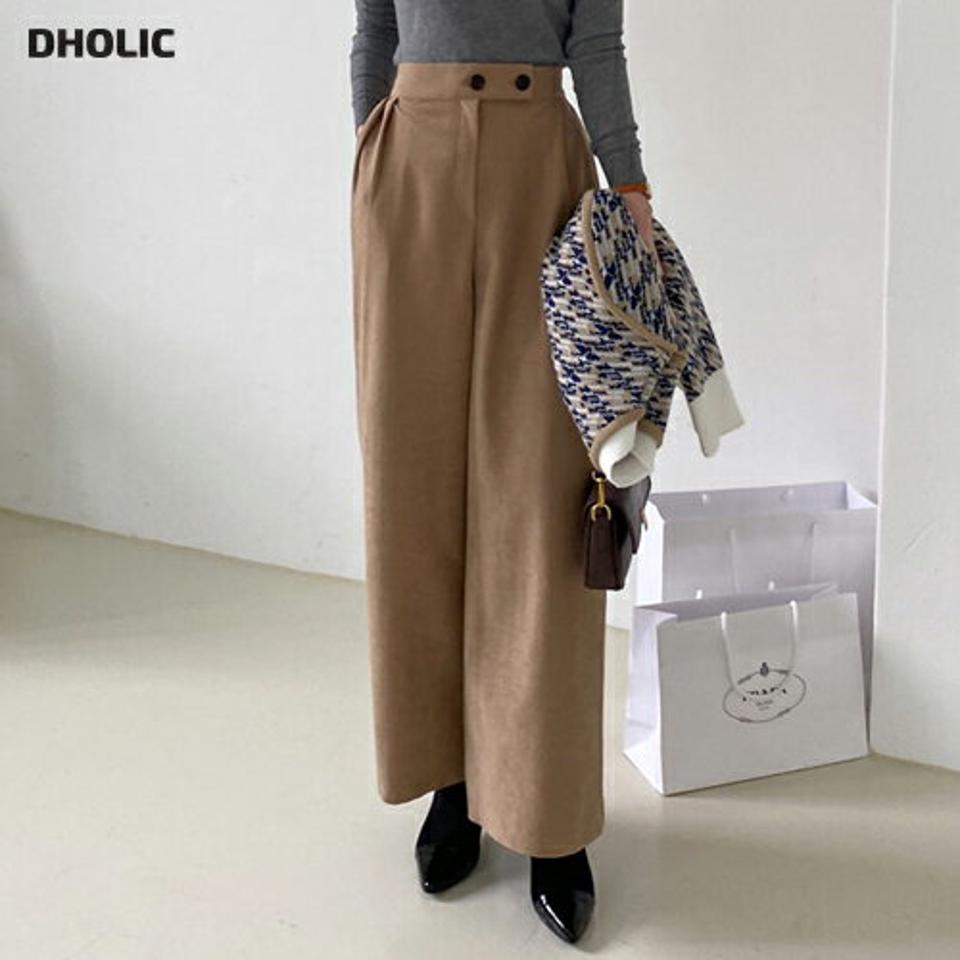 ウエストツーボタンワイドパンツ・全2色・t70497 レディース 【pt】 ボトムス ロング ロングパンツ ウエストツー ワイド ストレート ベーシック 着痩せ 長足 春 秋 韓国ファッション ハイホリHIHOLLI