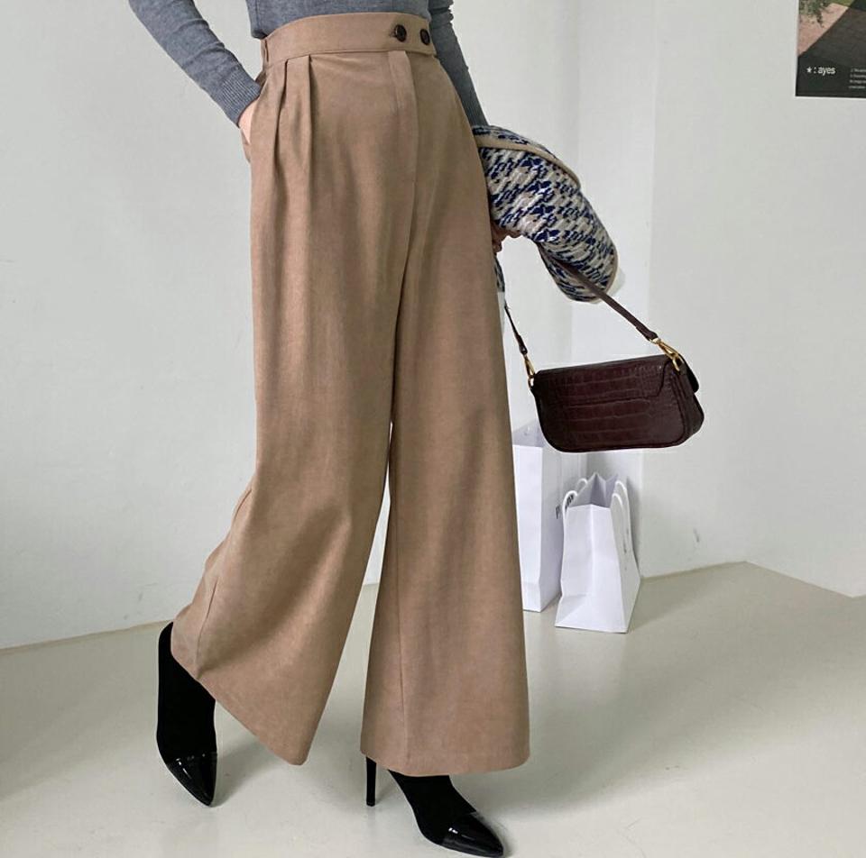 ウエストツーボタンワイドパンツ・全2色・t70497 レディース 【pt】 ボトムス ロング ロングパンツ ウエストツー ワイド ストレート ベーシック 着痩せ 長足 春 秋 韓国ファッション ハイホリHIHOLLI