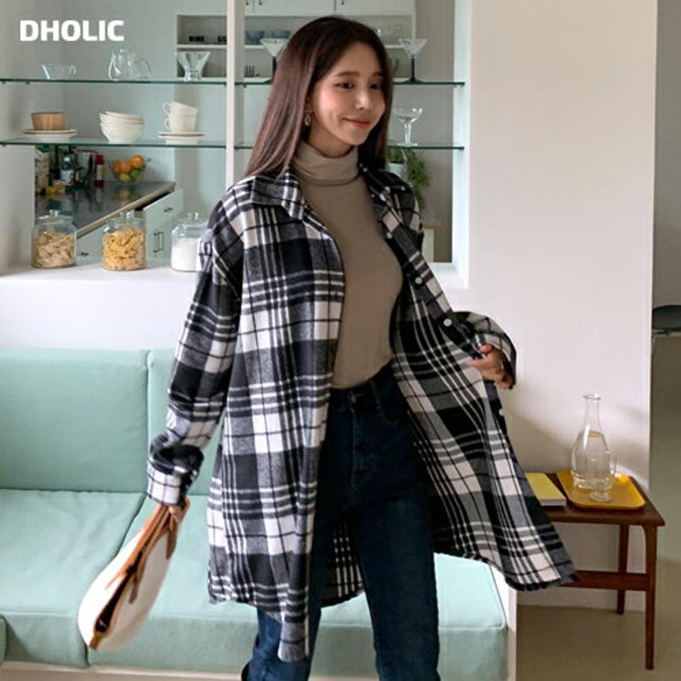 即日配送 チェックロングシャツ・全3色・t62964 レディース 【bl】韓国ファッション トップス シャツ 長袖 カラーネックク チェックシャツ アンバランスな丈 ロングシャツ 厚手 上品 ボタン ポケット シンプル カジュアル ルーズ 体型カバー ガーリー 秋 冬