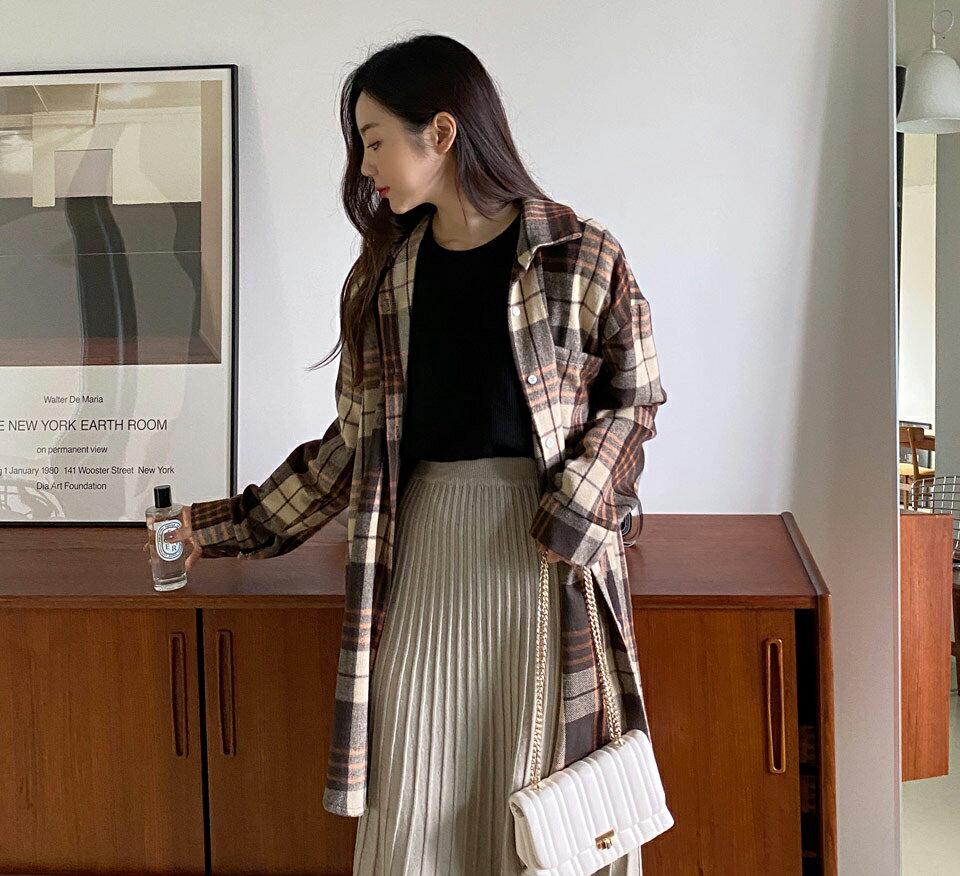 即日配送 チェックロングシャツ・全3色・t62964 レディース 【bl】韓国ファッション トップス シャツ 長袖 カラーネックク チェックシャツ アンバランスな丈 ロングシャツ 厚手 上品 ボタン ポケット シンプル カジュアル ルーズ 体型カバー ガーリー 秋 冬