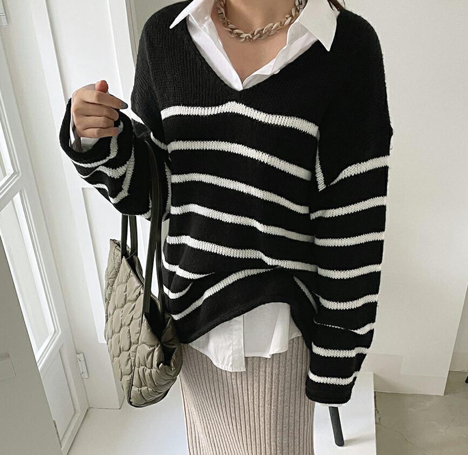 ボーダーVネックルーズフィットニット・全4色・t00150 レディース 【tops】 トップス ニット 長袖 ボーダー Vネックルーズ スリム デコルテ ゆったり あたたかい カジュアル 体型カバー 秋 冬 韓国ファッション ハイホリHIHOLLI