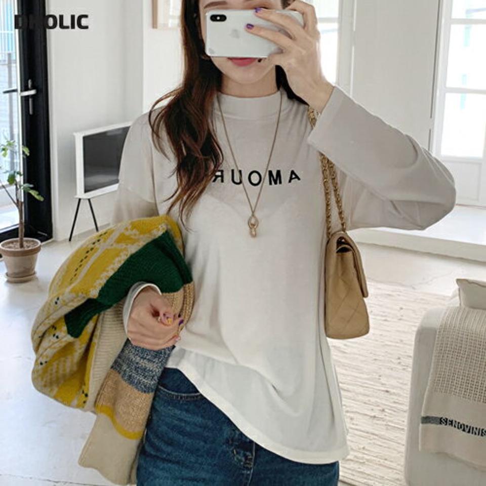 裏起毛AMOUR刺繍ハーフネックTシャツ・全3色・b00147 レディース 【tops】 トップス Tシャツ 長袖 裏起毛 刺繍 ハーフネック ラウンドネック ルーズ ゆったり あたたかい カジュアル 体型カバー 秋 冬 韓国ファッション ハイホリHIHOLLI
