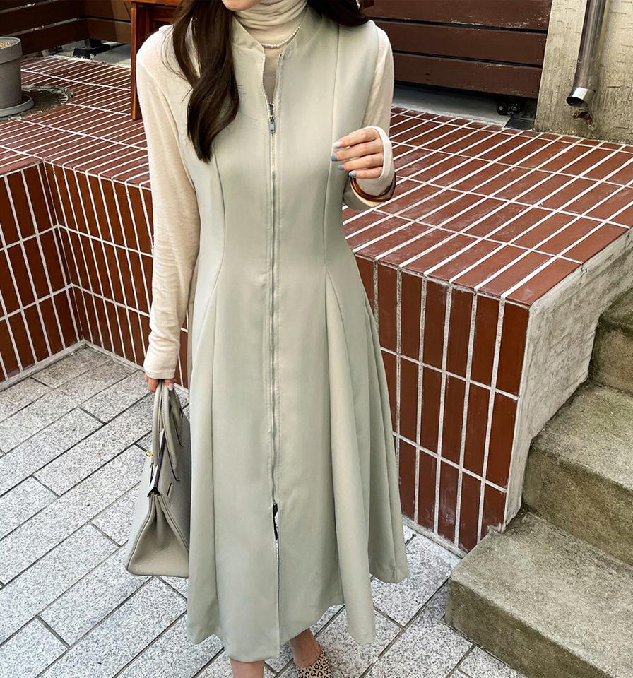 ジップアップスリーブレスワンピース・全2色・b00159 レディース 【ops】 ワンピース ロング ロングワンピース ジップアップ スリーブレス フレア 2way Aライン スリム フェミニン 秋 冬 韓国ファッション ハイホリHIHOLLI