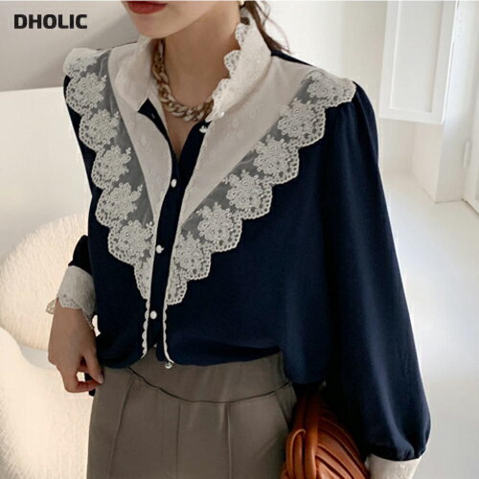 レース配色フェイクパールブラウス・全4色・b00158 レディース 【bl】 トップス ブラウス 長袖 レース 配色 パール ハイネック カジュアル 大人 フェミニン 襟コン 春 秋 冬 韓国ファッション ハイホリHIHOLLI