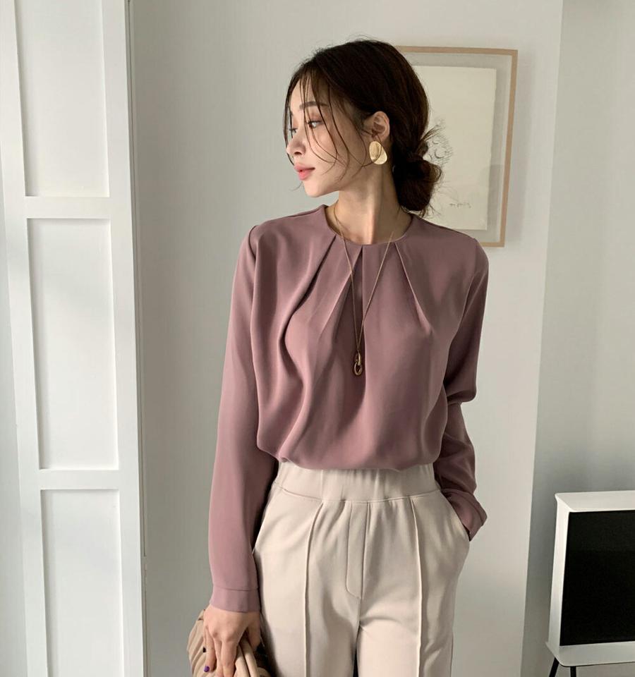 ≪人気商品再入荷≫タックラウンドネックブラウス・全4色・b00157 レディース 【bl】 トップス ブラウス 長袖 タック ラウンドネック ピンタックネック オフィスカジュアル 大人 フェミニン 春 秋 冬 韓国ファッション HIHOLLI