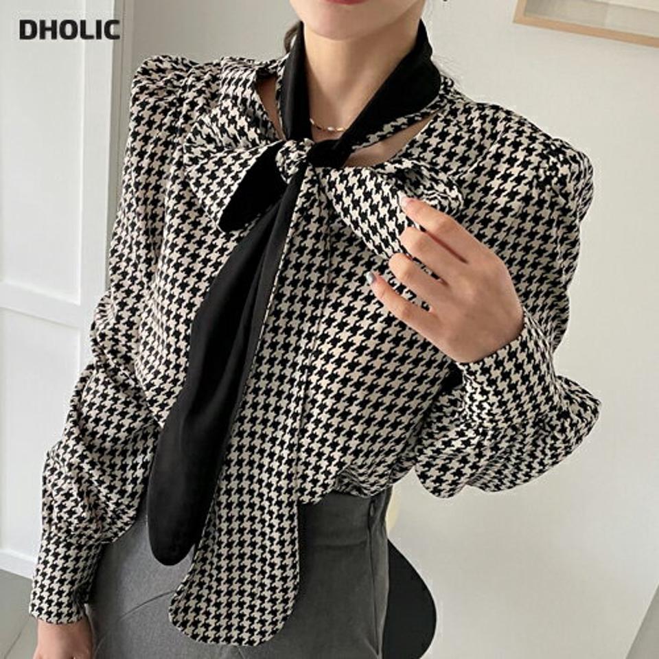 ハウンドトゥーススカーフブラウス・全2色・b00156 レディース 【bl】 トップス ブラウス 長袖 ハウンドトゥース スカーフ ワイド ストラップ Vネック オフィスカジュアル 大人 フェミニン 秋 冬 韓国ファッション ハイホリHIHOLLI