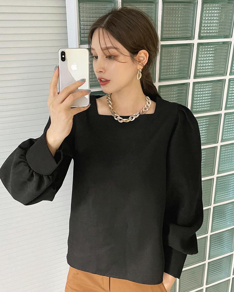 即日配送 スクエアネックブラウス・全4色・t00155 レディース 【bl】 トップス ブラウス 長袖 スクエアネック デコルテ オフィスカジュアル 大人 フェミニン 秋 冬 韓国ファッション ハイホリHIHOLLI