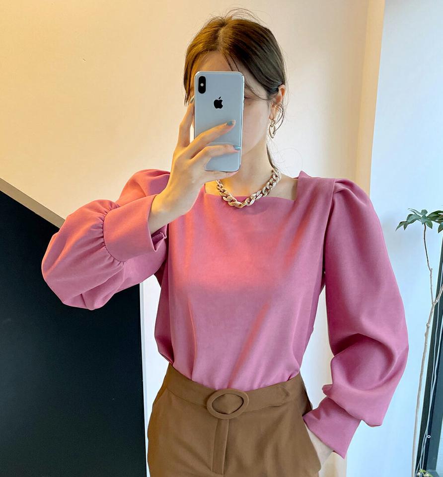 即日配送 スクエアネックブラウス・全4色・t00155 レディース 【bl】 トップス ブラウス 長袖 スクエアネック デコルテ オフィスカジュアル 大人 フェミニン 秋 冬 韓国ファッション ハイホリHIHOLLI