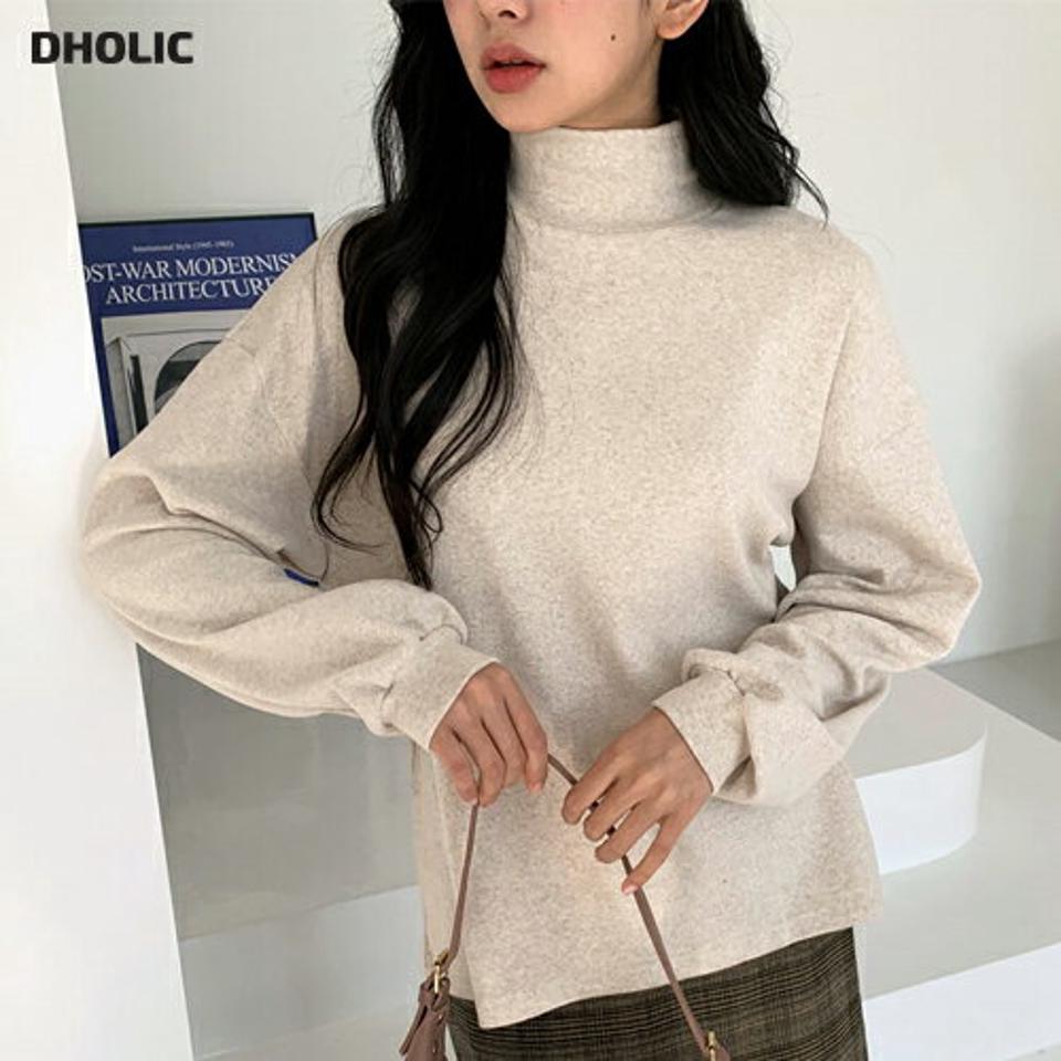 ハイネックパフスリーブTシャツ・全4色・t01079 レディース 【tops】韓国ファッション トップス Tシャツ 長袖 ハイネック パフスリーブ フェミニン 体型カバー ドロップショルダー ルーズ シンプル ガーリー カジュアル 無地 秋 冬 NIJU