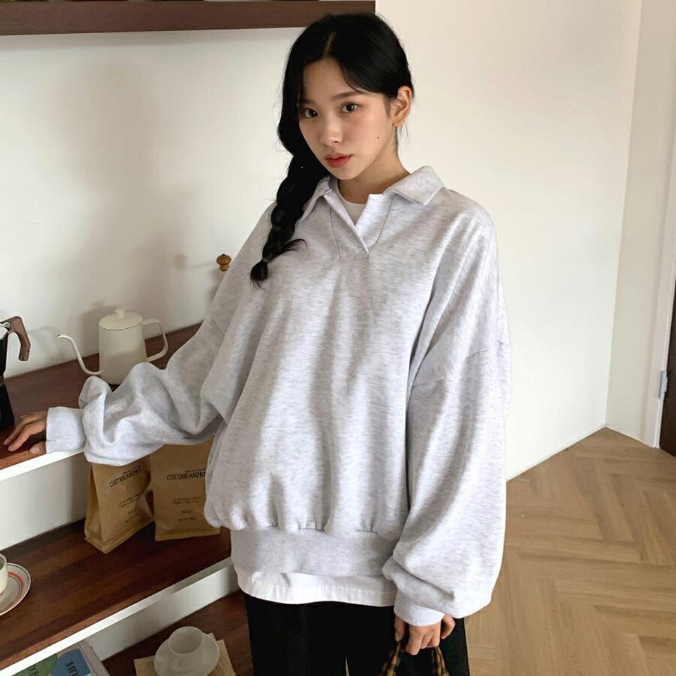 裏起毛スキッパーカラースウェット・全3色・t01144 レディース 【tops】韓国 ファッション トップス スウェット 長袖 裏起毛 スキッパーカラー ポロ襟 体型カバー ルーズ シンプル ガーリー カジュアル デイリー 無地 秋 冬 NIJU