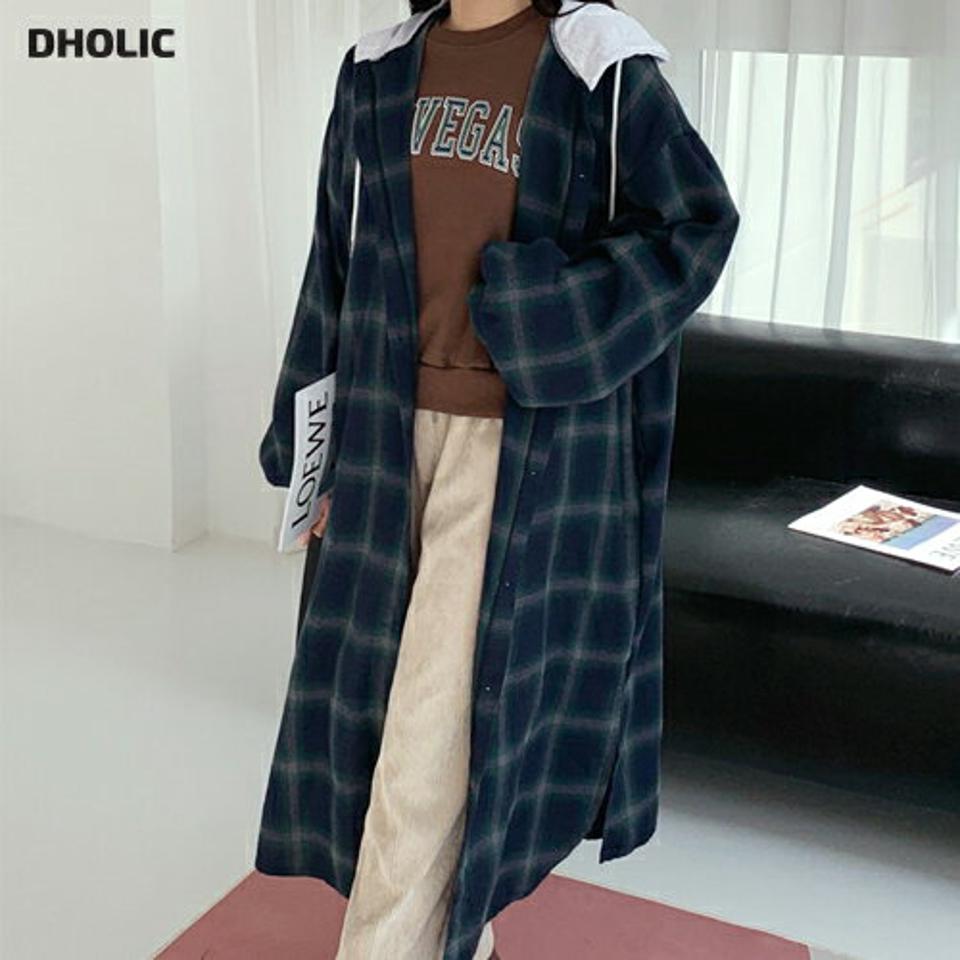 2WAYチェックロングシャツ・全2色・t01115 レディース 【bl】韓国ファッション トップス シャツ 長袖 2WAY チェック ロングシャツ ロング丈 大きいサイズ スリット ルーズ ゆったり フェミニン 体型カバー 細身 秋 冬 NIJU