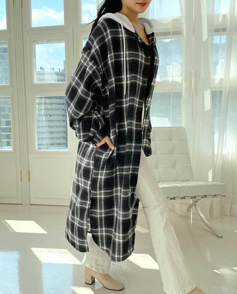 2WAYチェックロングシャツ・全2色・t01115 レディース 【bl】韓国ファッション トップス シャツ 長袖 2WAY チェック ロングシャツ ロング丈 大きいサイズ スリット ルーズ ゆったり フェミニン 体型カバー 細身 秋 冬 NIJU