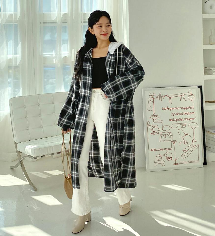 2WAYチェックロングシャツ・全2色・t01115 レディース 【bl】韓国ファッション トップス シャツ 長袖 2WAY チェック ロングシャツ ロング丈 大きいサイズ スリット ルーズ ゆったり フェミニン 体型カバー 細身 秋 冬 NIJU