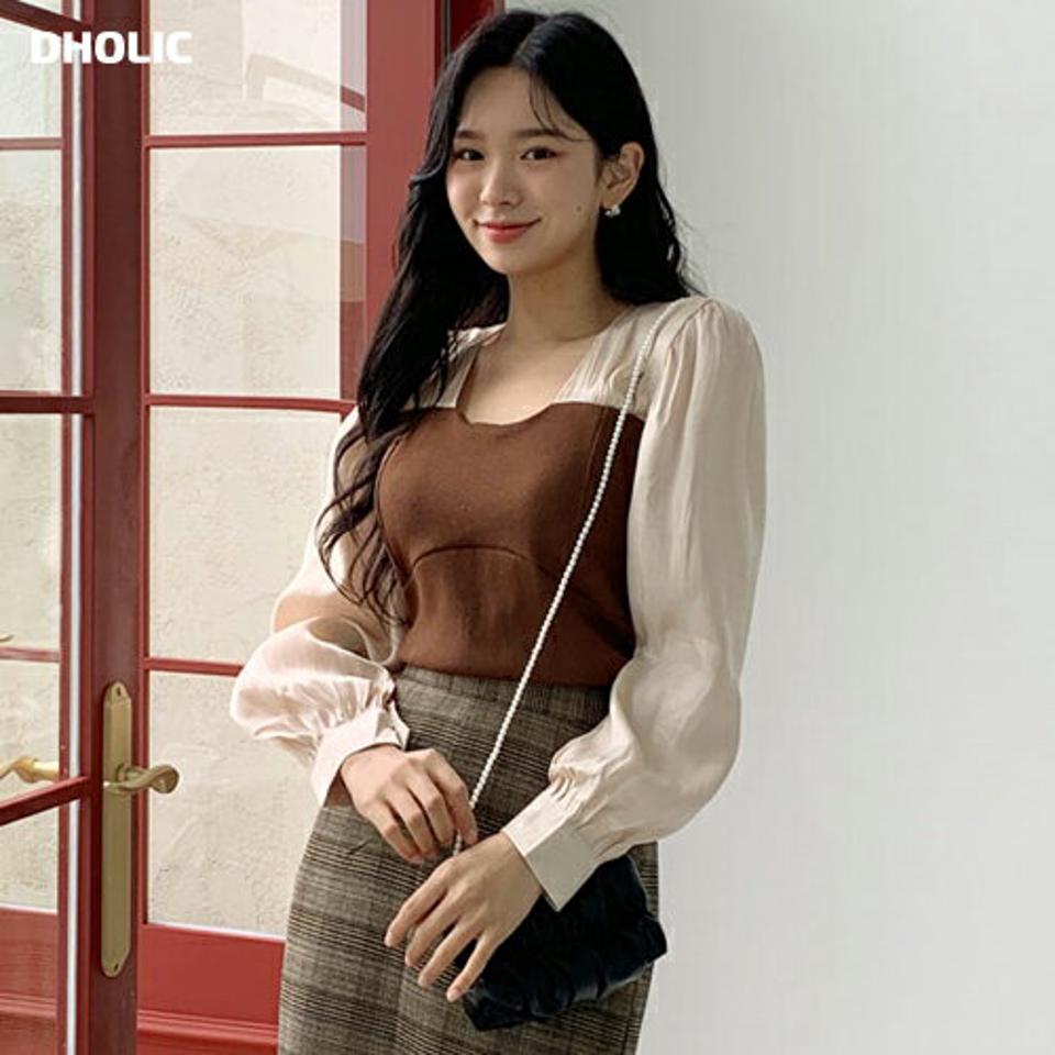 【スーパーセール特価】ニットドッキングブラウス・全2色・b01116 レディース 【bl】韓国ファッション 異素材ミックス トップス ブラウス 長袖 スクエアネック シフォン ニット ドッキング 光沢 ユニーク 大人 バイカラー シンプル フェミニン 上品 ガーリー 春 秋 NIJU