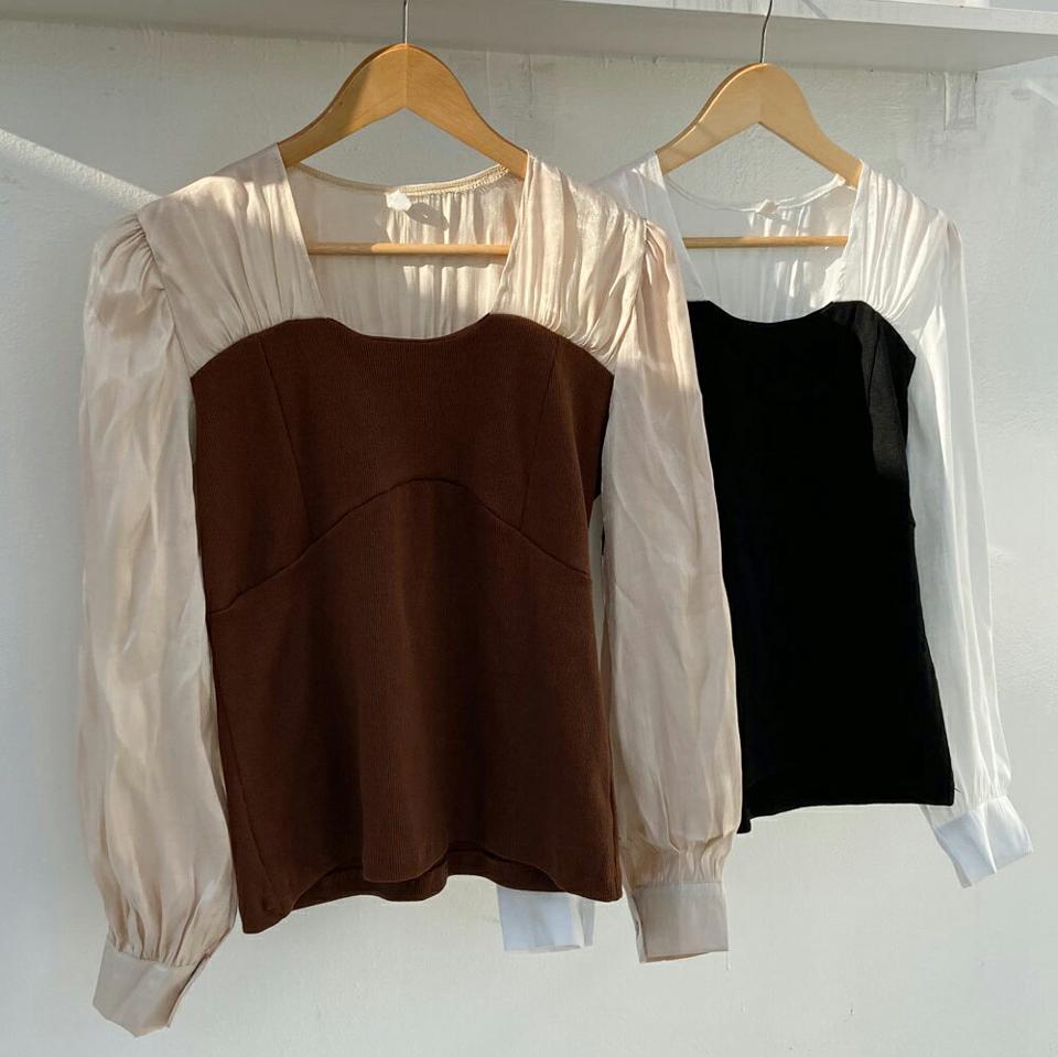 【スーパーセール特価】ニットドッキングブラウス・全2色・b01116 レディース 【bl】韓国ファッション 異素材ミックス トップス ブラウス 長袖 スクエアネック シフォン ニット ドッキング 光沢 ユニーク 大人 バイカラー シンプル フェミニン 上品 ガーリー 春 秋 NIJU