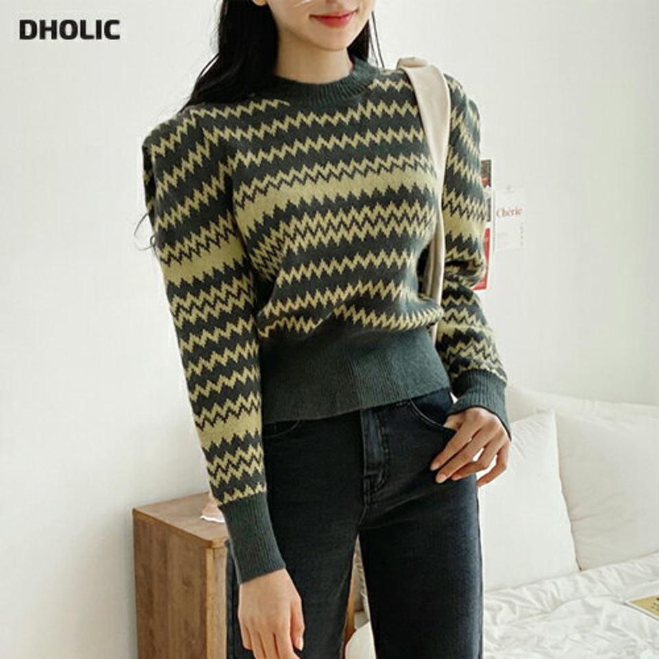 ジグザグパフスリーブニット・全3色・b01120 レディース 【tops】韓国ファッション トップス 長袖 ラウンドネック ユニーク ジグザグ ウール混紡 柄ニット ゆったり 楽ちん フェミニン シンプル デイリー ガーリー 秋 冬 NIJU