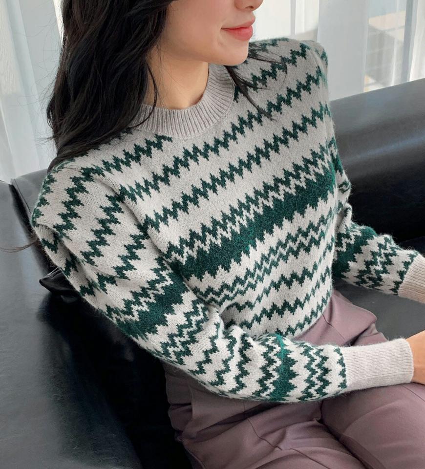 ジグザグパフスリーブニット・全3色・b01120 レディース 【tops】韓国ファッション トップス 長袖 ラウンドネック ユニーク ジグザグ ウール混紡 柄ニット ゆったり 楽ちん フェミニン シンプル デイリー ガーリー 秋 冬 NIJU