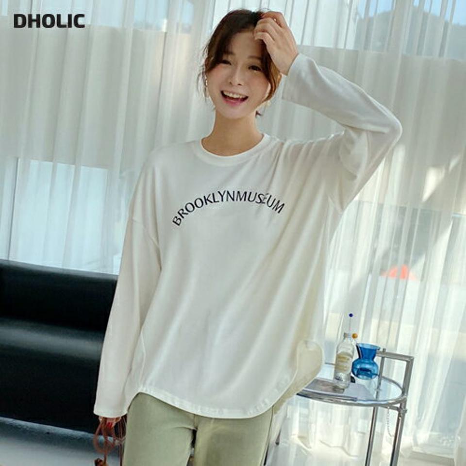 レタリングラウンドネックTシャツ・全4色・b65172 レディース 【tops】韓国ファッション トップス Tシャツ 大人 長袖 ラウンドネック レタリング ロゴ アンバランス シンプル カジュアル 体型カーバー 細身 フェミニン デイリー 上品 秋 春