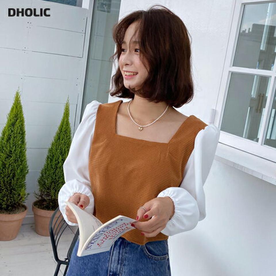 スクエアネック配色パフスリーブブラウス・全3色・t65208 レディース 【bl】韓国ファッション トップス ブラウス 長袖 スクエアネック 配色 パフスリーブ クロップド丈 大人 上品 シンプル カジュアル フェミニン 体型カバー 秋 春