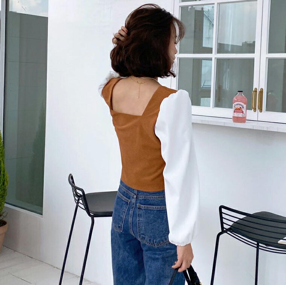 スクエアネック配色パフスリーブブラウス・全3色・t65208 レディース 【bl】韓国ファッション トップス ブラウス 長袖 スクエアネック 配色 パフスリーブ クロップド丈 大人 上品 シンプル カジュアル フェミニン 体型カバー 秋 春