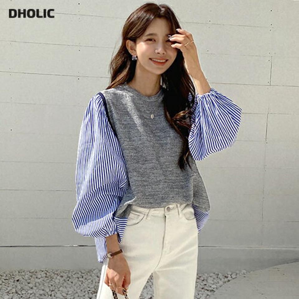 ストライプスリーブブラウス・全2色・b65220 レディース 【bl】韓国ファッション トップス ブラウス 長袖 ラウンドネック ストライプ スリーブ大人 上品 シンプル カジュアル フェミニン 体型カバー ガーリー 秋 冬