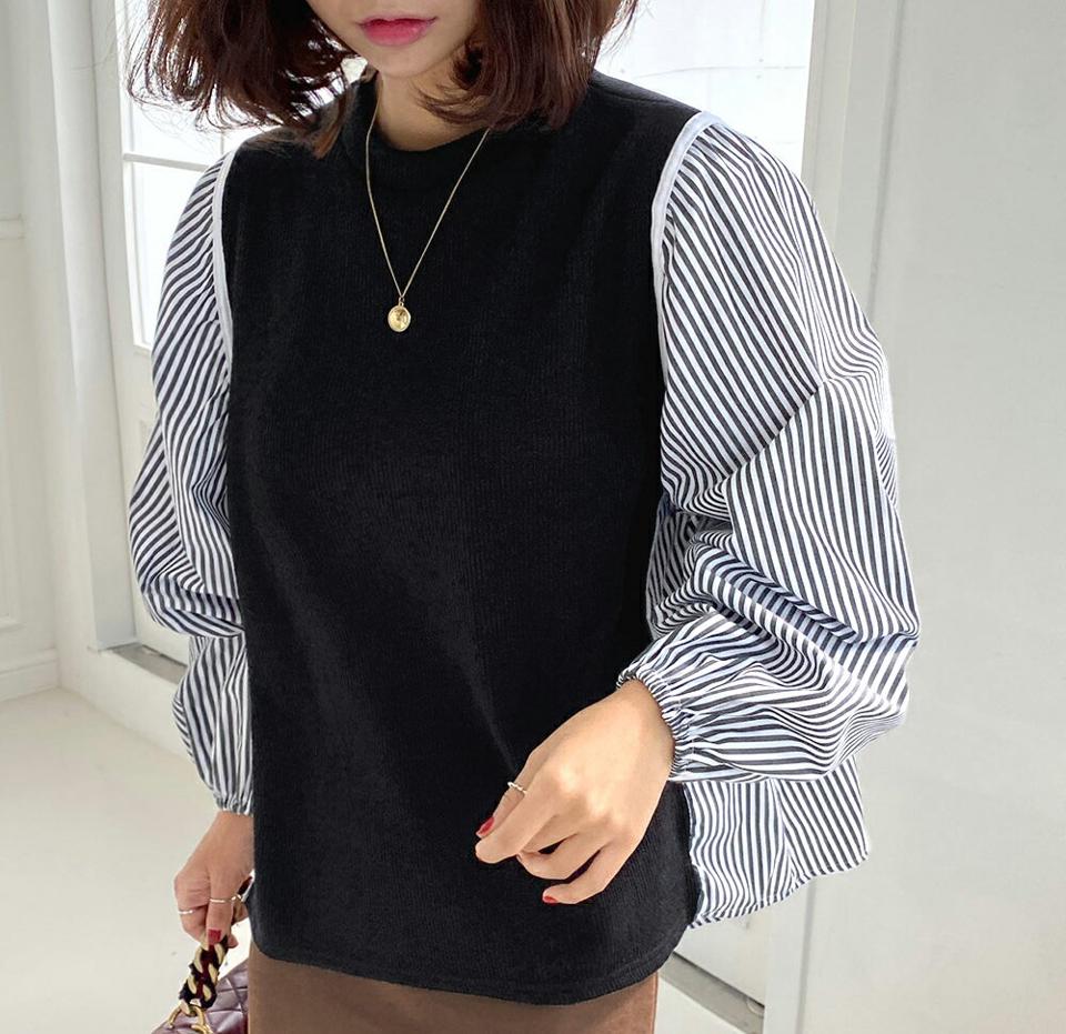 ストライプスリーブブラウス・全2色・b65220 レディース 【bl】韓国ファッション トップス ブラウス 長袖 ラウンドネック ストライプ スリーブ大人 上品 シンプル カジュアル フェミニン 体型カバー ガーリー 秋 冬