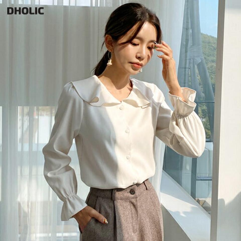 フリルカラーブラウス・全3色・t65221 レディース 【bl】韓国ファッション トップス ブラウス 長袖 フリルカラー 大人 上品 ボタン フレア ゴム 無地 ベーシック シンプル フェミニン 体型カバー ガーリー カジュアル 秋 春