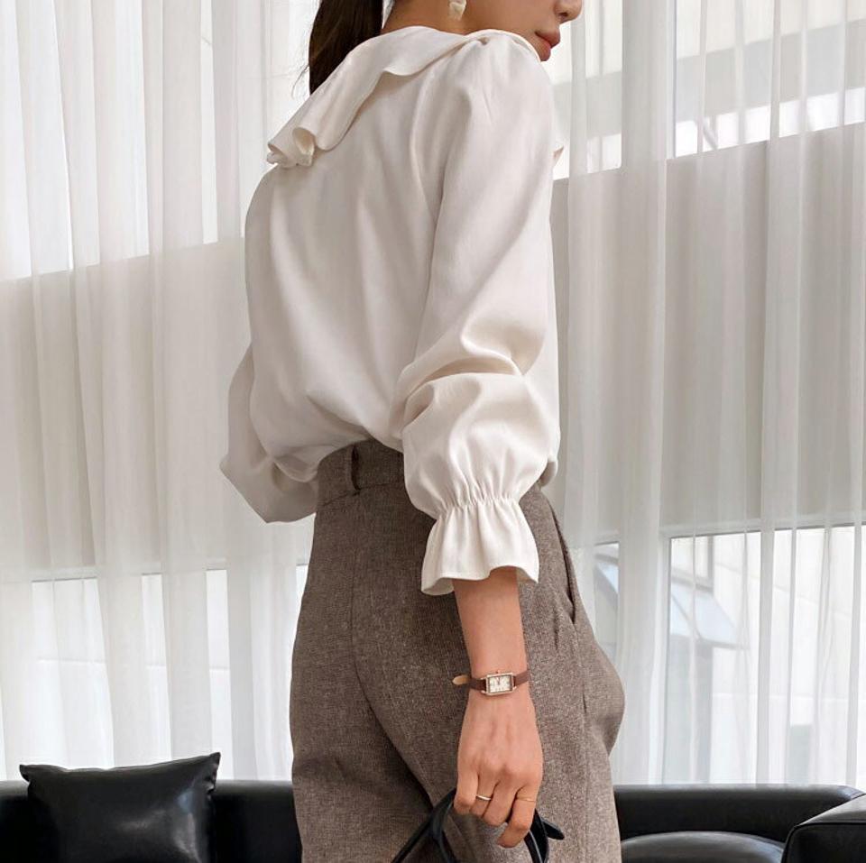 フリルカラーブラウス・全3色・t65221 レディース 【bl】韓国ファッション トップス ブラウス 長袖 フリルカラー 大人 上品 ボタン フレア ゴム 無地 ベーシック シンプル フェミニン 体型カバー ガーリー カジュアル 秋 春