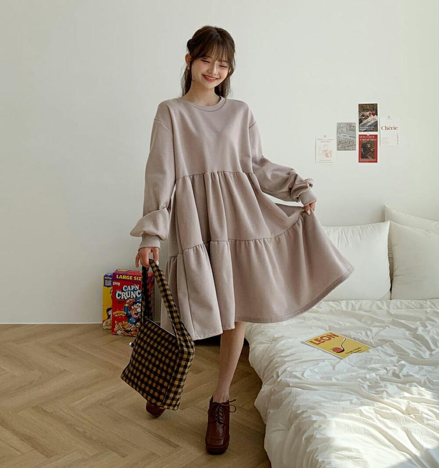 裏起毛ティアードミニワンピース・全3色・t01127 レディース 【ops】韓国 ファッション ワンピース ミニ ミニワンピース 長袖 ラウンドネック 裏起毛 ティアード ミニ丈 フレア シンプル ルーズ 楽ちん スリム 体型カバー 秋 冬 NIJU