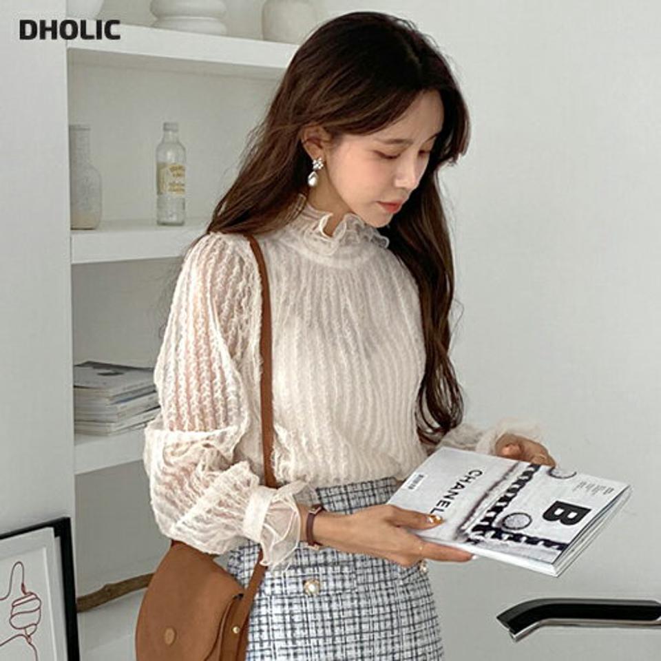 フリルシースルーレースブラウス・全3色・b65210 レディース 【bl】韓国ファッション トップス ブラウス 長袖 ハイネック フリル シースルー レース 大人 上品 ボタン シンプル フェミニン ガーリー カジュアル 秋 春